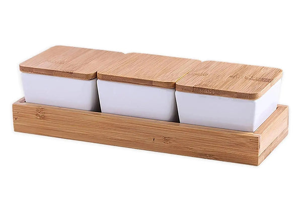 Utile 4 pc Square white ceramic serving dish with lids and wood base Utile