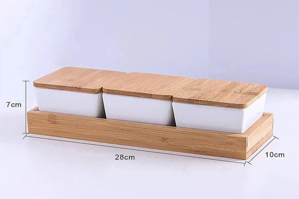 Utile 4 pc Square white ceramic serving dish with lids and wood base Utile