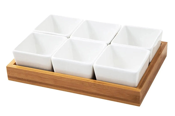 Utile 6pc Square Ceramic Bowls and wood base Utile