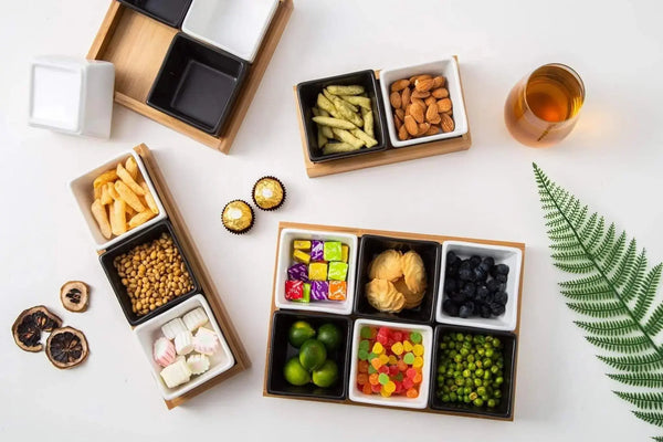 Utile 6pc Square Ceramic Bowls and wood base Utile