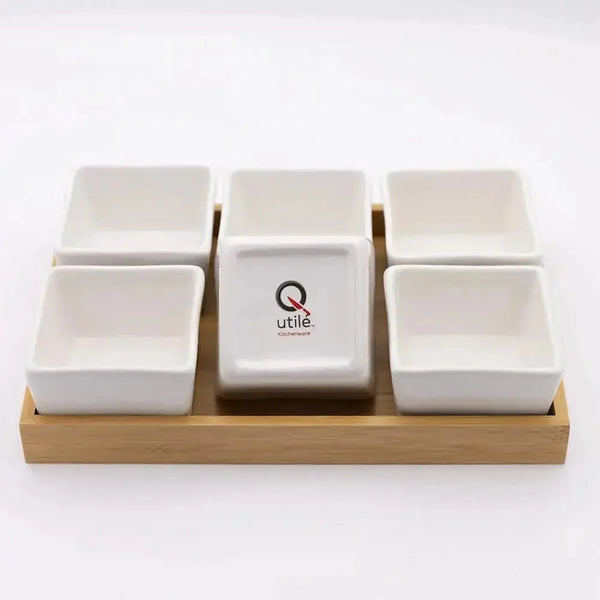 Utile 6pc Square Ceramic Bowls and wood base Utile