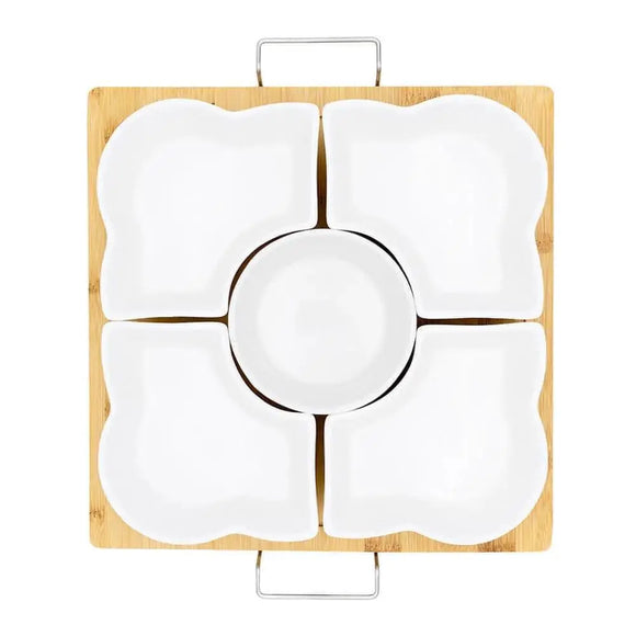 Utile 6 pc Flower White Ceramic serving dish with wood base Utile