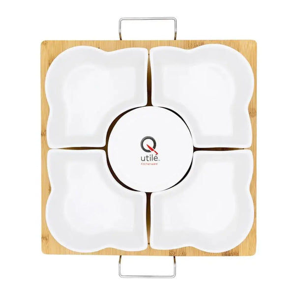 Utile 6 pc Flower White Ceramic serving dish with wood base Utile