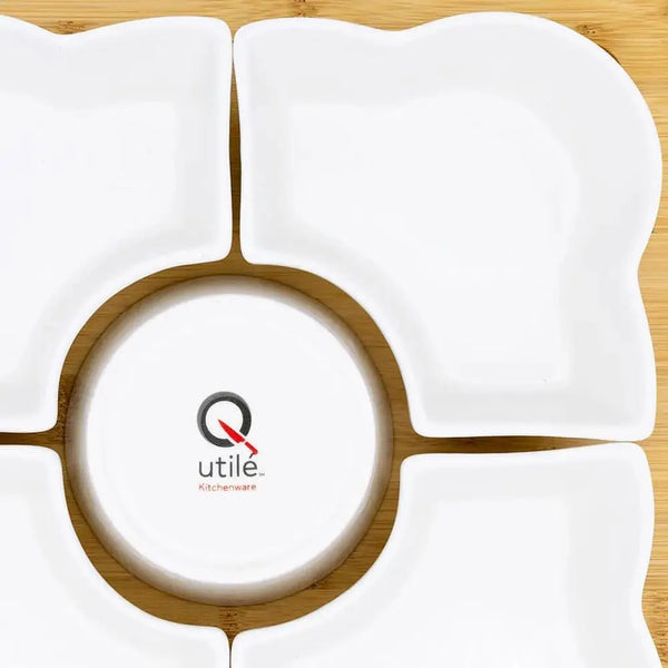 Utile 6 pc Flower White Ceramic serving dish with wood base Utile