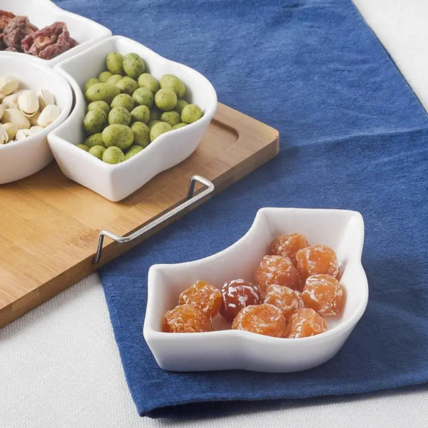 Utile 6 pc Flower White Ceramic serving dish with wood base Utile